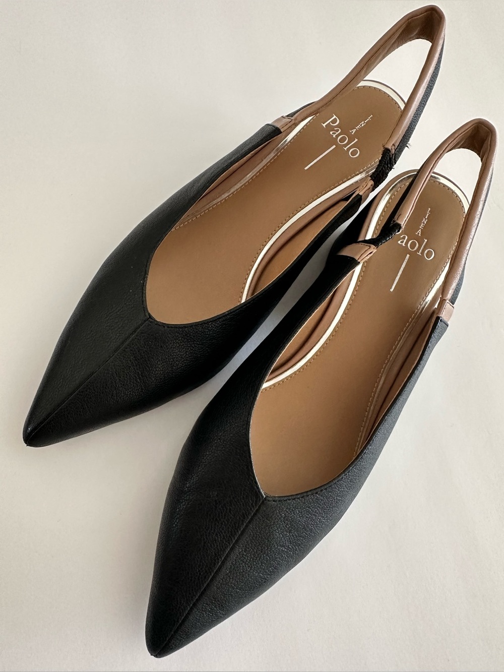 Paolo Black Pointed Slingback Flats with Tan Trim 8.5M